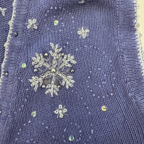 Vintage 90s Snowflake Beaded Knit Vest, Purple Holiday Christmas Sweater Vest - Picture 3 of 6